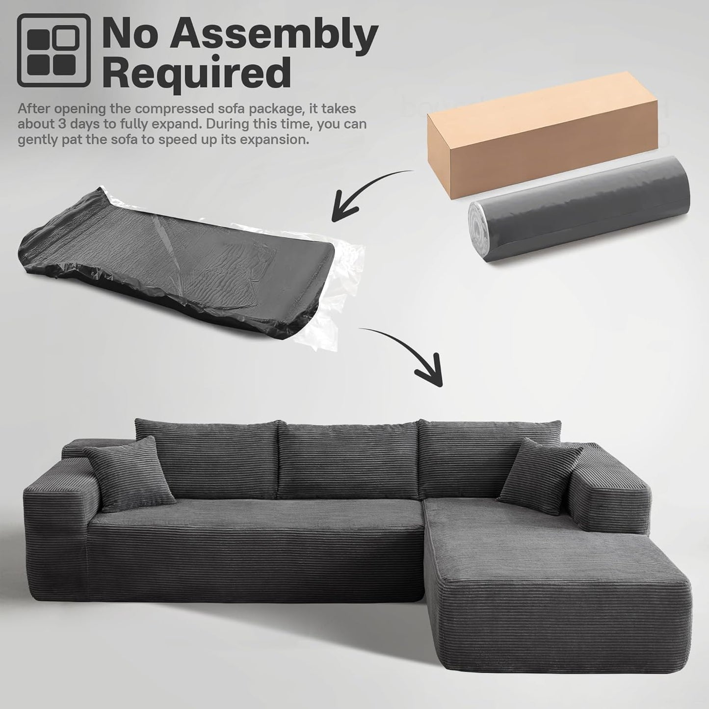 104" Cloud Sectional Couches for Living Room,L Shaped Boneless Couch in A Box,Sleeper Sofa with Comfy Chaise No Assembly Required,Grey