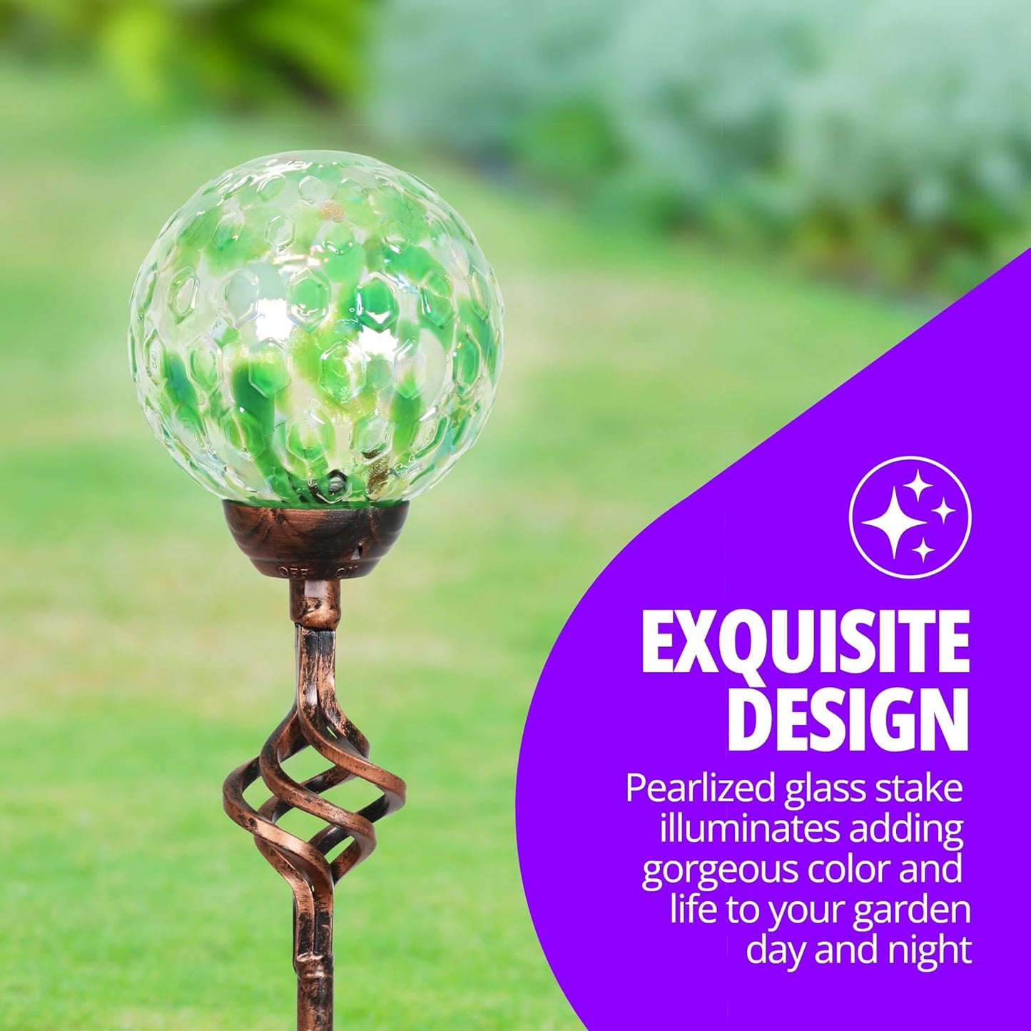 Exhart Garden Solar Lights, Decorative LED Honeycomb Glass Ball Garden Stake, Glass and Metal Outdoor Decoration, Green, 4 x 31 Inch