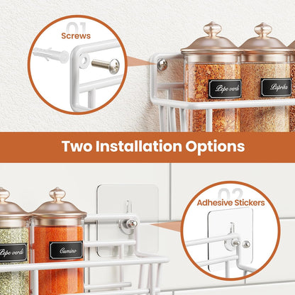 5 Pack Spice Rack Seasoning Organizer Wall Mount, Screw or Adhesive Hanging Shelf Basket Spice Organizer Shelf for Kitchen, White