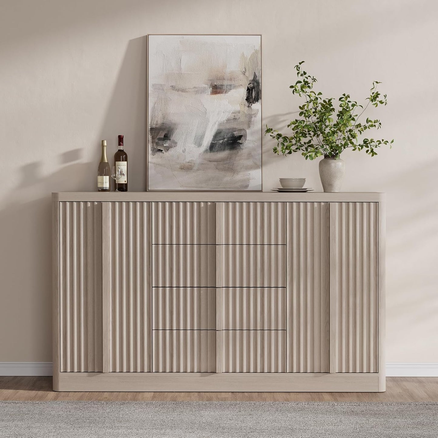 Buffet Cabinet with Storage, 60" Fluted Coffee Bar Cabinet with 4 Drawers & 2 Doors, Solid Wood Handle, Credenza Accent Storage Cabinet for Kitchen Living Dining Room, Natural Oak(1PCS)