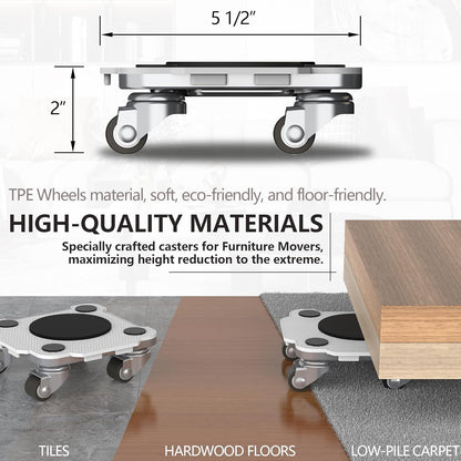 ONEON Furniture Mover Pro Set - Enhanced Dolly and Lifter with Custom TPE Wheels for Easy Furniture Lifting and Moving-Professional Tool for Effortless Furniture Transport(Light Gray 4Dollies+1Lifter)