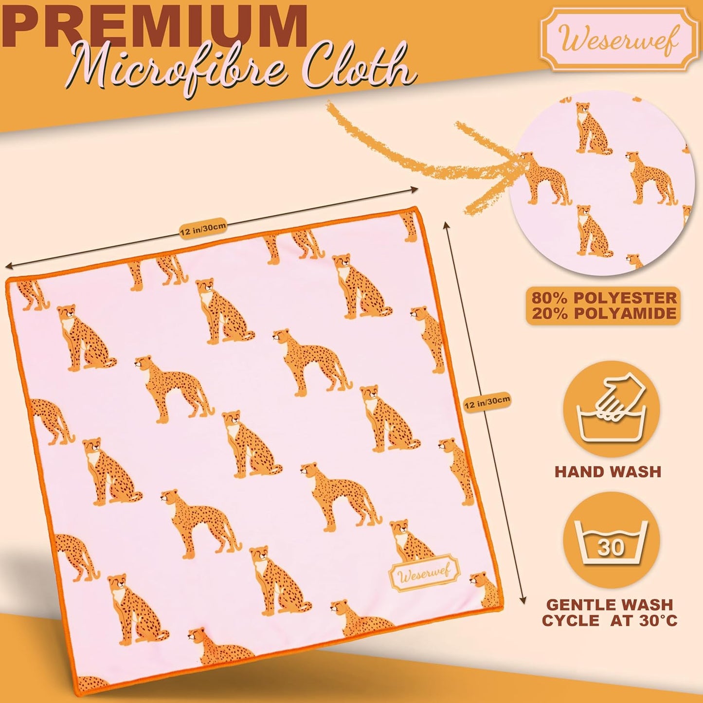 WESERWEF Design Microfiber Glasses Cleaning Cloth – Premium Cleaning Cloth for Eyeglasses, Screens, Tablets, Cameras & Lenses, 12" x 12", Ultra-Soft & Scratch-Free (Leo Pink)