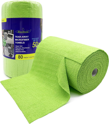 Greenfound Microfiber Cleaning Cloth Roll -80 Pack,Tear Away Microfiber Towels for Car,Reusable Paper Towels Washable,Absorbent,Lint Free Cleaning Rags for House,Kitchen,Window-11.5"×11.5"(Wave Green)
