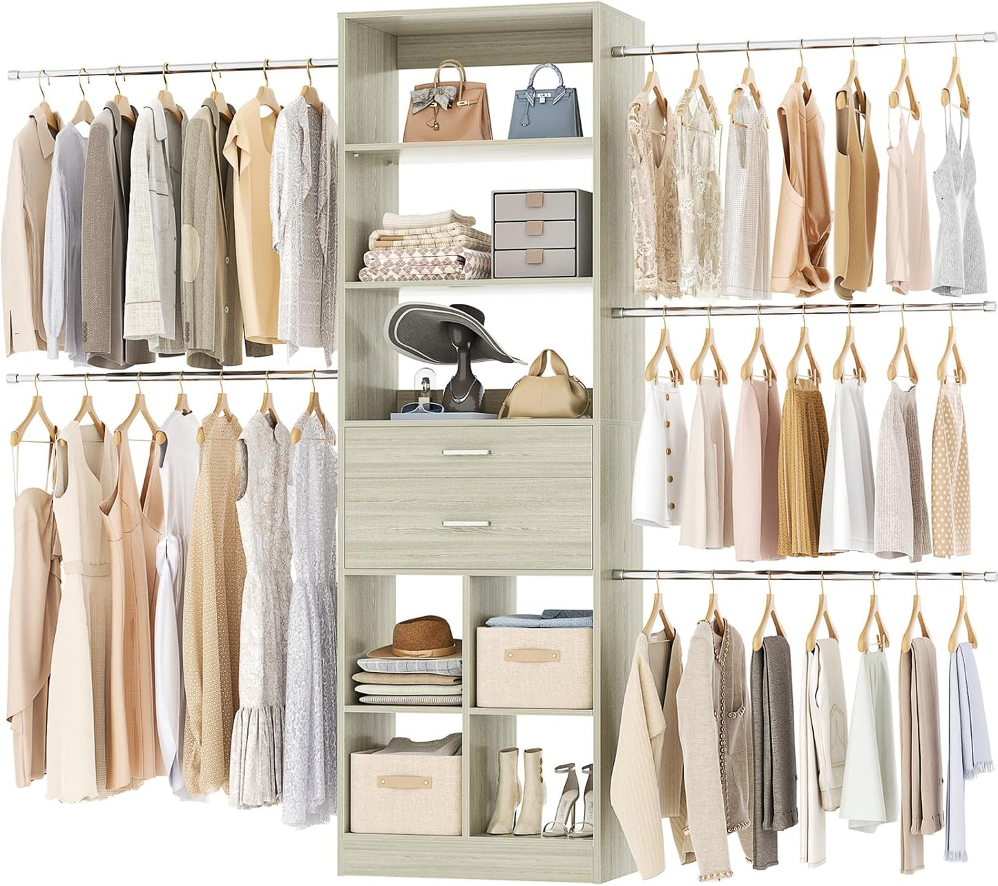 Closet System, 4-8 FT Closet Organizer Tower with 2 Wooden Drawers and Shelves, Can Fit 60 to 96 inch Walk-in Closet System with 5 Hang Rods, Built-in, Greige Oak