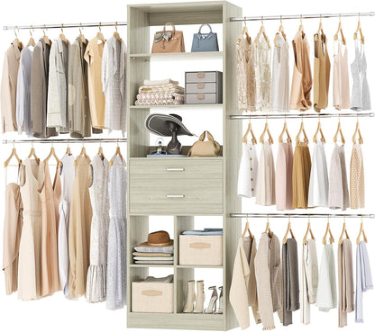 Closet System, 4-8 FT Closet Organizer Tower with 2 Wooden Drawers and Shelves, Can Fit 60 to 96 inch Walk-in Closet System with 5 Hang Rods, Built-in, Greige Oak