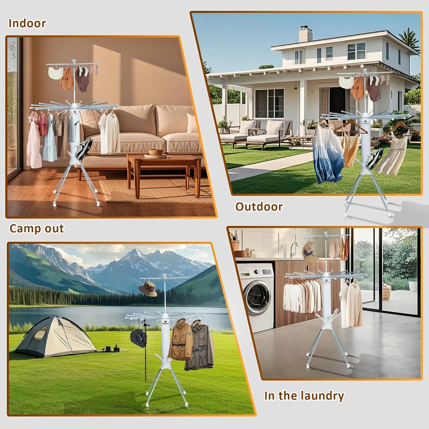 Clothes Drying Rack 2025 Upgrade 4-Legged 3-Tier Foldable Laundry Rack with 4 Pulleys 20 Clips,6 Shoe Dryers 16Drying Rods for Indoor/Outdoor, Camping, Poolside Space Saving, Whit