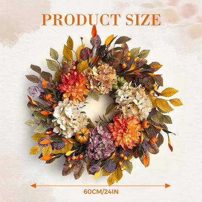 24Inch Fall Wreaths for Front Door,Fall Wreath with Beige Hydrangea,Orange Dahlia Artificial Flowers,Pumpkins,Autumn Wreaths for Harvest Thanksgiving Halloween Indoor Outdoor Home Decor