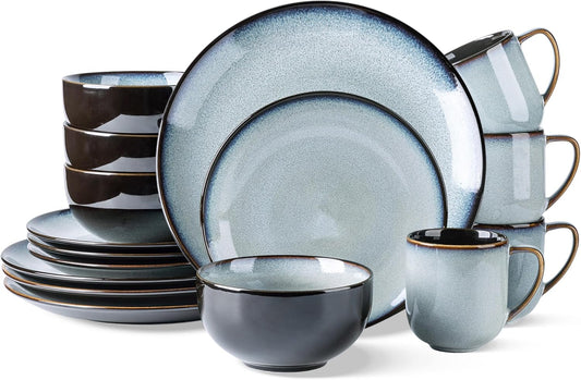 LERATIO Ceramic Dinnerware Sets for 4,16-Piece Reactive Glaze Plates and Bowls Set with Mugs,Highly Chip and Crack Resistant | Dishwasher,Microwave & Oven Safe Dishes set-Gray White