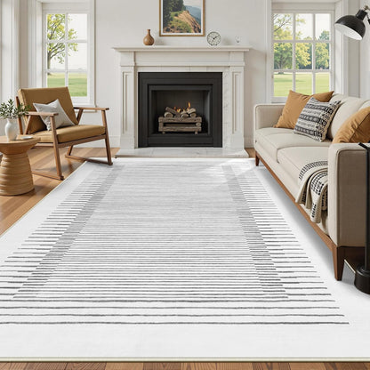 Wonnitar Striped 9x12 Rugs for Living Room, Non-Slip Soft Grey Berber Stripe Bedroom Rug, Low Pile Minimalist Floor Carpet for Dining Room Living Room Department (Grey,9' x 12')