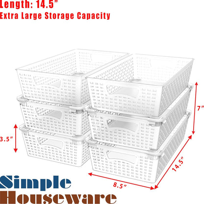 Simple Houseware Stackable Plastic Woven Basket Organizer, 6 Pack, 14.5" x 8.5" x 3.5", Clear