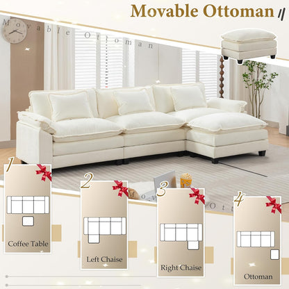URRED Modular Sectional Sofa Comfy Cloud Couch, Modern Chenille Sofa Sleeper Deep Seat Couches with Ottoman/Pillows for Living Room (White, 117''- L Shape)
