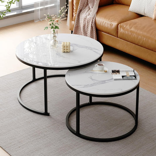 ZL ZELing White Nesting Coffee Table Set of 2, 27'' Round Coffee Table Sintered Stone Top & Metal Frame, End Tables Center Table for Living Room, Small Space