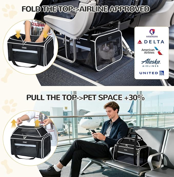 Lekereise Top-Expandable Pet Carrier 17x11x9.5 Inch Alaska Hawaiian Airline Approved Soft Sided Underseat to 12lbs Travel Carriers for Small Cats and Dogs with Locking Safety Zippers Anti-Scratch Mesh