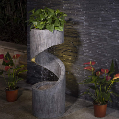 Glitzhome Tiered Outdoor Water Fountain with LED Light, Curved Outdoor Fountain Waterfall with Stone Planter, Freestanding Spiral Outdoor Garden Water Fountains, 31.3”H