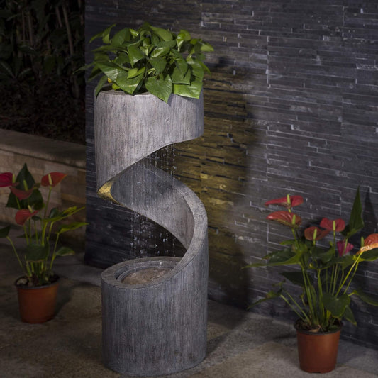 Glitzhome Tiered Outdoor Water Fountain with LED Light, Curved Outdoor Fountain Waterfall with Stone Planter, Freestanding Spiral Outdoor Garden Water Fountains, 31.3”H