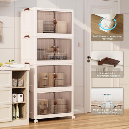 Jalove 50QT Plastic Storage Bins with lids, Stackable Collapsible Storage Containers with Wheels, Closet Organizer and Storage Drawers, Clothes Storage Cabinet for Home Office Garage, 4 Pack White