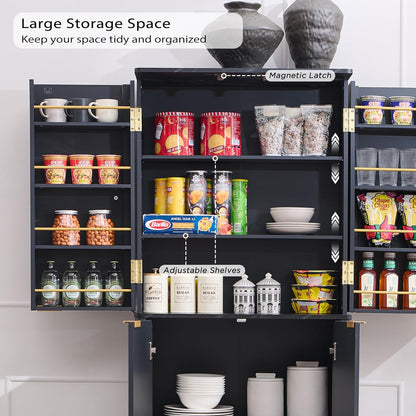 OKD Fluted Kitchen Pantry, 72" Tall Mid Century Modern Storage Cabinet with Adjustable Shelves & Door Organizer, Wood Cabinet for Kitchen, Living Room, Dark Grey