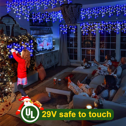 KNONEW Christmas Lights Outdoor Decorations 400 LED 33ft Curtain Fairy String Light with 75 Drops(Blue and White)