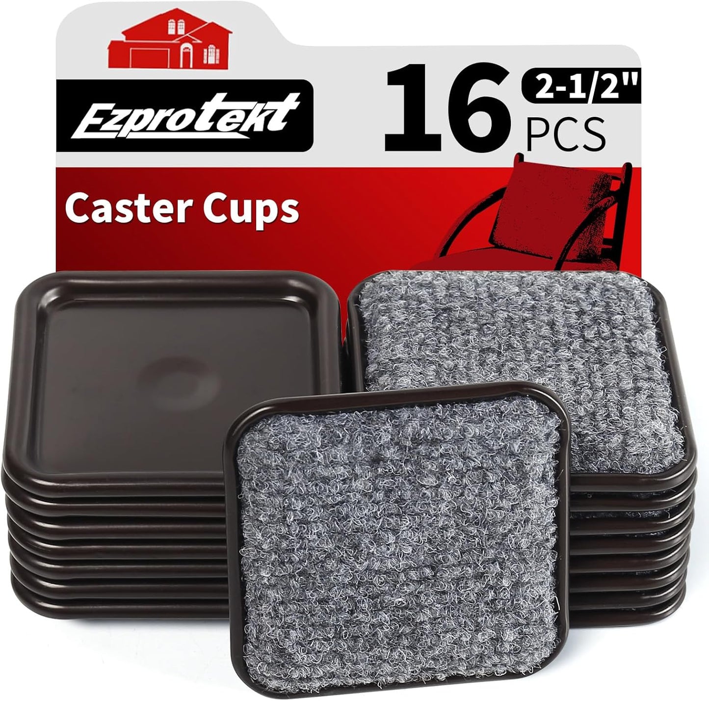 Ezprotekt 2 1/2" Square Reusable Felt Furniture Caster Cups with Carpet Bottom, 16 Pcs Felt Furniture Sliders Floor Protectors Pads to Protect Hardwood, Tile or Floors from Scratches (Brown/Gray)