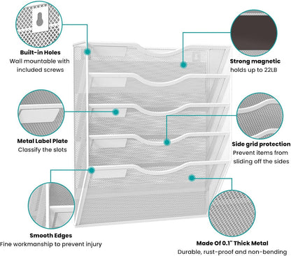 5-Tier Magnetic File Organizer, No Drilling Installation, White Magnetic Paper Holder, Magazine Rack for Refrigerator and File Cabinets