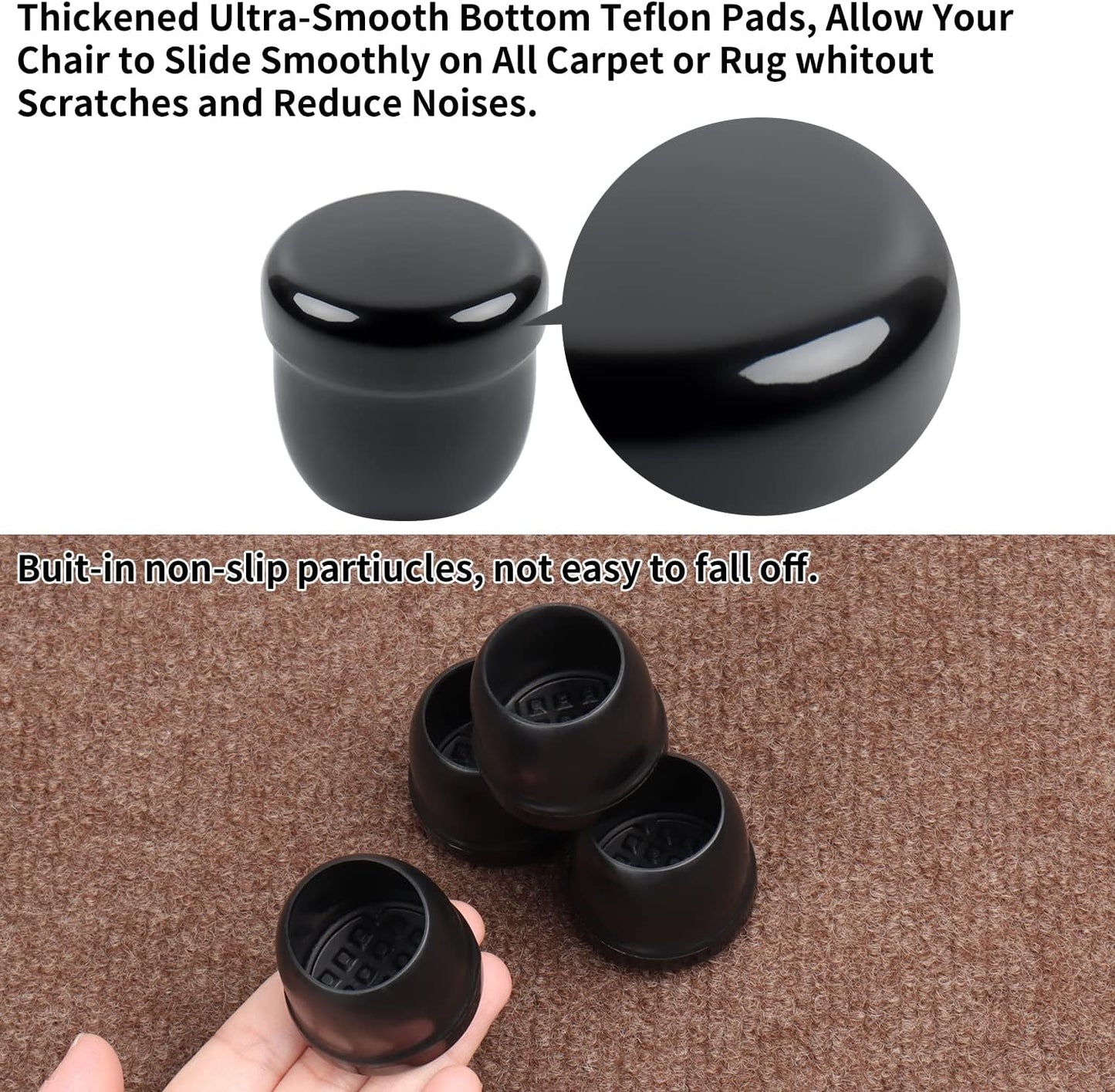 Ezprotekt 24 Pcs Black Chair Leg Sliders for Carpet, Round Teflon Furniture Glides for Rug, Carpet Sliders Protectors Caps for Couch, Dining Chair, Table Legs, Bar Stool Legs (M Fit: 7/8" to 1")