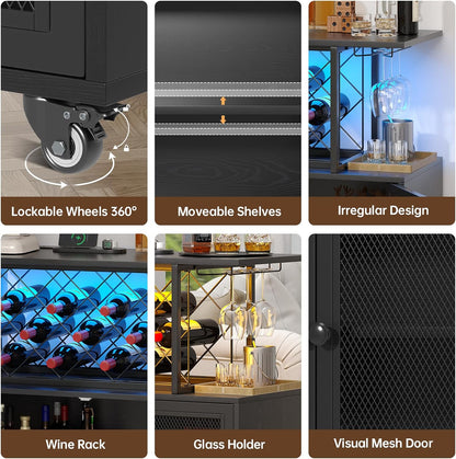 Wine Bar Cabinet with Wheels, 4-Tier Bar Cart with Power Outlets and LED Light, Liquor Cabinet Home Mini Bar with Wine Rack, Coffee Bar Cabinet for Liquor, Black