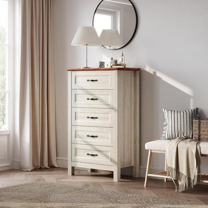 LINSY HOME 5 Drawers Dresser for Bedroom, Wood Tall Bedroom Chest of Drawers with Metal Handle, Farmhouse Dressers Organizer for Living Room, Closet, Hallway, White Oak