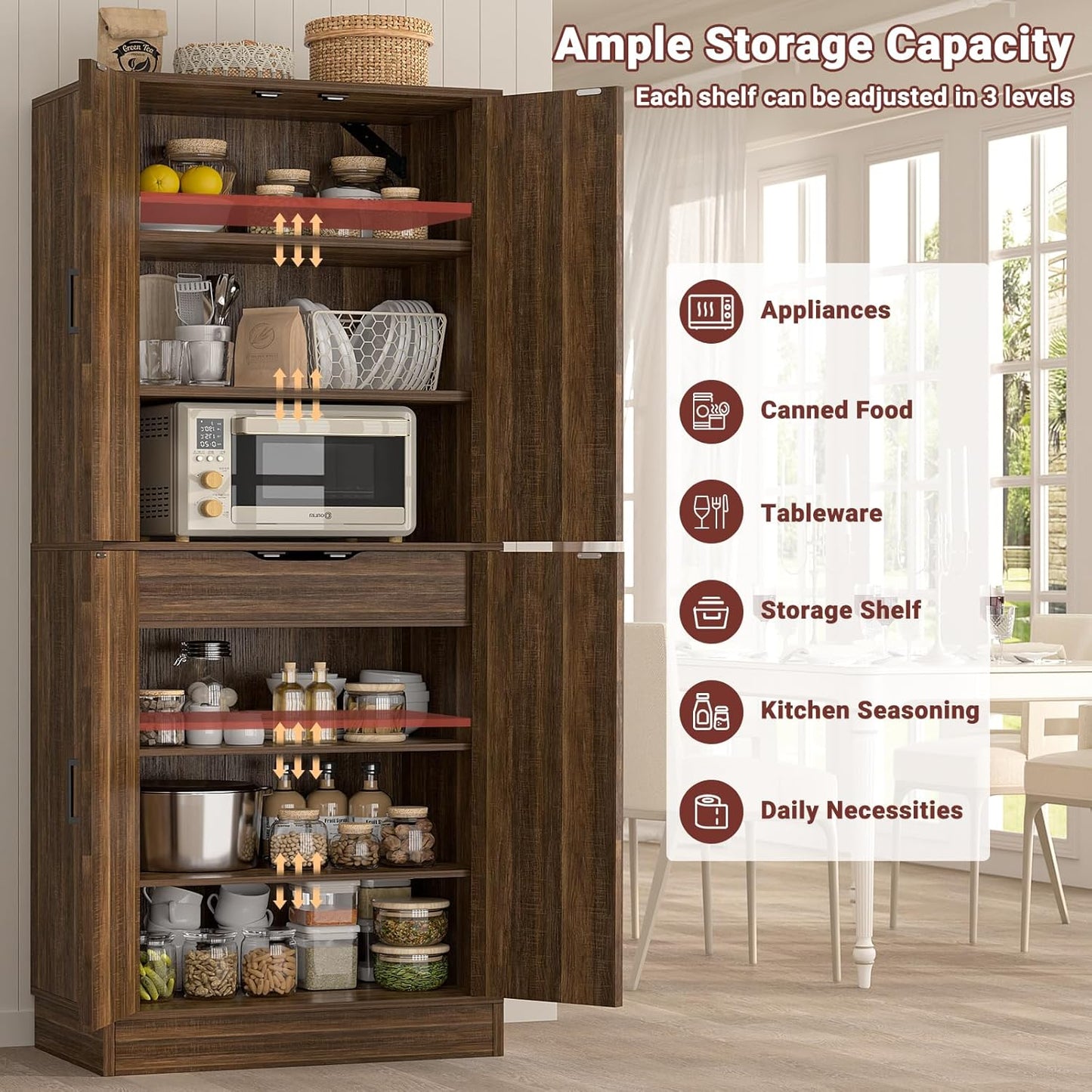 Unikito 71" Farmhouse Kitchen Pantry Storage Cabinet with Barn Doors, Adjustable Shelves & Drawer Organizer, Versatile Tall Storage Cupboard for Dining Room, Bathroom, Utility Room, Weathered Brown