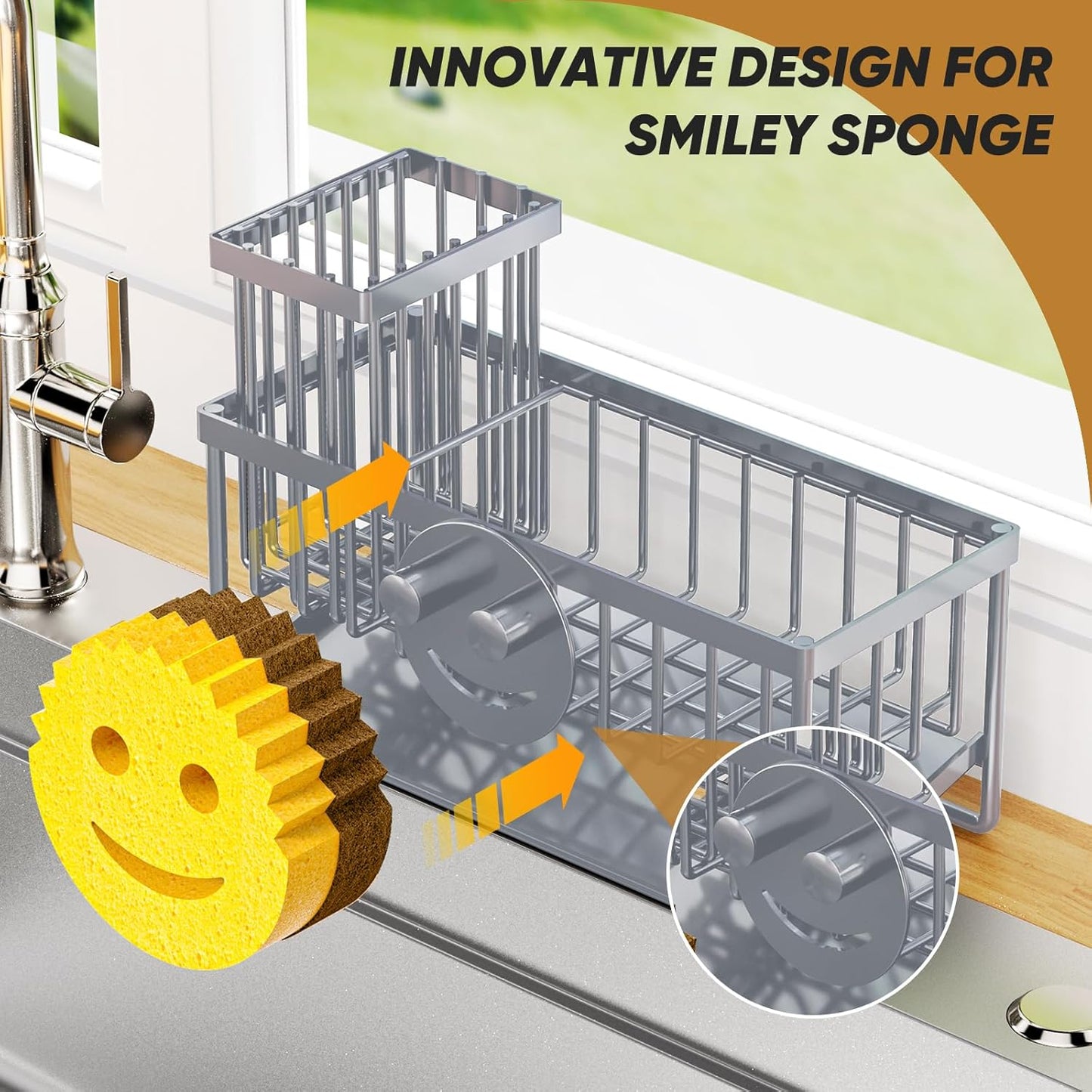 Sponge Holder for Kitchen Sink,Smiley Face Sink Caddy with Removable Brush Holder,Self-Draining Sponge Caddy for Soap,Dish Brush,Scrubber,Kitchen Essentials and Gadgets-Gray
