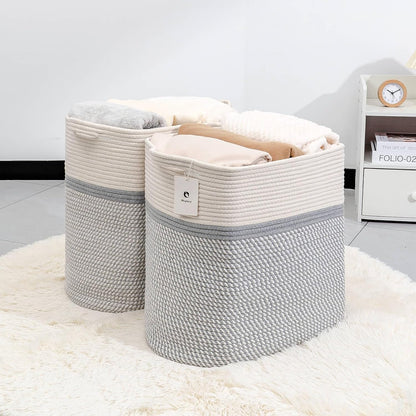 Storage Baskets for Clothes Fabric Cotton Rope Storage Basket with Handles, Decorative Woven Basket for Living Room,Closet Organizer Blankets, and 2bags (White/Gray, L14×W11×H14)