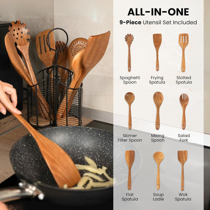 360° Rotating Kitchen Utensil Holder- 3 Compartment Organizer with Cork Bottoms | Includes Premium 9-Piece Acacia Wood Utensil Set | Professional & Home Luxury Design | Metal Utensil Crock (Black)