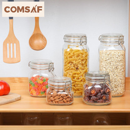 ComSaf Airtight Glass Jars with Lids 78oz Set of 3, Food Storage Canister Square - Storage Container with Clear Preserving Seal Wire Clip Fastening for Kitchen Canning Flour, Cereal, Pasta, Beans