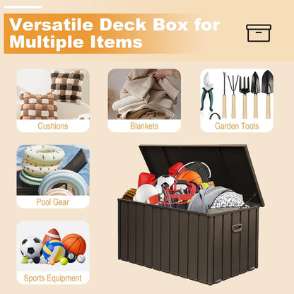 Domi 120 Gallon Deck Box, Outdoor Metal Lockable Storage Cabinet, Waterproof Steel Outdoor Bench with Lockable Lid, Side Handles & Rolling Casters for Outside Cushions, Pillows, Garden Tools, Brown