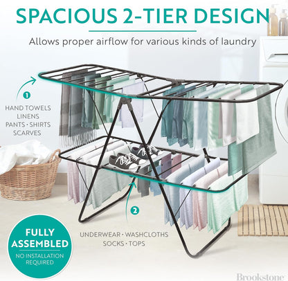 Brookstone 2 Tier Folding Rack – Indoor/Outdoor Collapsible Clothes Dryer Stand Laundry or Shoe Rack,Heavy Duty Freestanding Garment Hanger, Foldable, Portable Air Dry Holder