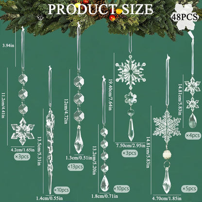 Christmas Tree Decoration Crystal Ornaments - 48pcs Acrylic Christmas Ornaments Snowflake Icicle Drop Crystal Hanging Ornaments for Xmas Tree Winter Holiday Frozen Party Decorations