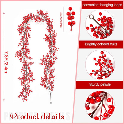 Joyhalo Red Berry Garland - 8.9 FT Christmas Holly Berry Vine for Christmas Tree, Winter Berry Garland for Mantle Xmas Tree Window Door Hanging Indoor Outdoor Holiday Decoration