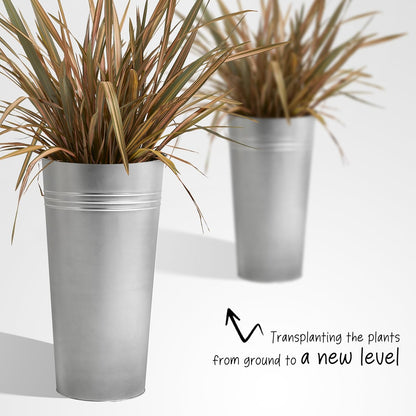 KOL 28'' Tall Galvanized Steel Planter Pot - Flower Pot with Water Level Indicator for Plants - 2-Pack Self Watering Planters - Round Silver Powder Metal Planter Box - Indoor Outdoor Grande Plant