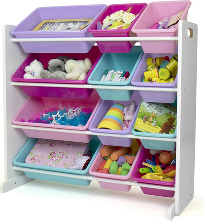 Humble Crew Kids Toy Storage Organizer with 12 Plastic Bins, White/Pink/Purple/Turquoise – Removable Bins for Playroom, Bedroom, Toddler Furniture for Boys and Girls Ages