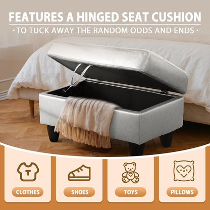 Ottoman Rectangular Storage Ottoman Bench, Faux Leather Footrest, Coffee Table, Stool Footstool with Hinged Lid for Living Room, Bedroom, Entryway, Silver, 35"x23.5"x17.5"