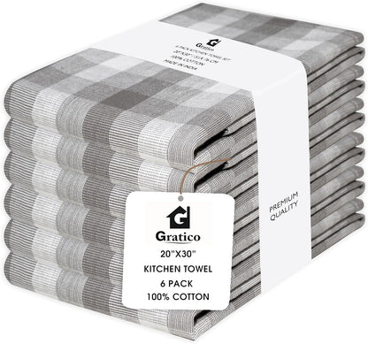 Kitchen Towels Set of 6 Grey/White Checks 20x30 Inches 100% Cotton Highly Absorbent Kitchen Towels