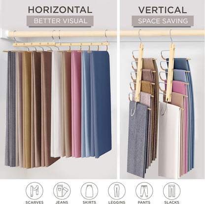 MORALVE Pants Hangers Space Saving - European Beechwood Scarf and Jean Hangers - Closet Organizer and Space Saver Pant Rack, Leggings Hanger, and Scarf Holder with 360° Swivel Hook (1 Pack)