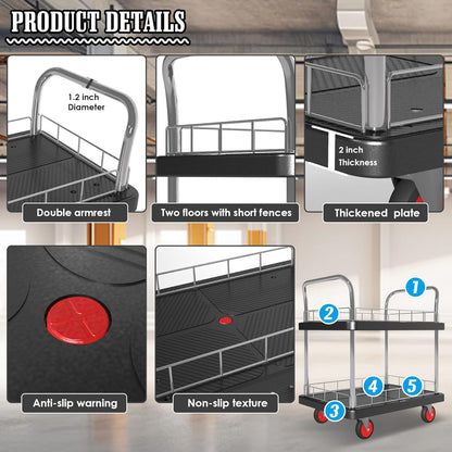 2 Shelf Utility Service Cart- 660lbs Capacity Heavy-Duty Plastic Rolling Utility Carts with 4 of 360° Swivel Wheels and Handle, Large Service Cart for Groceries,Warehouse,Garage 34.6''x 22.8''