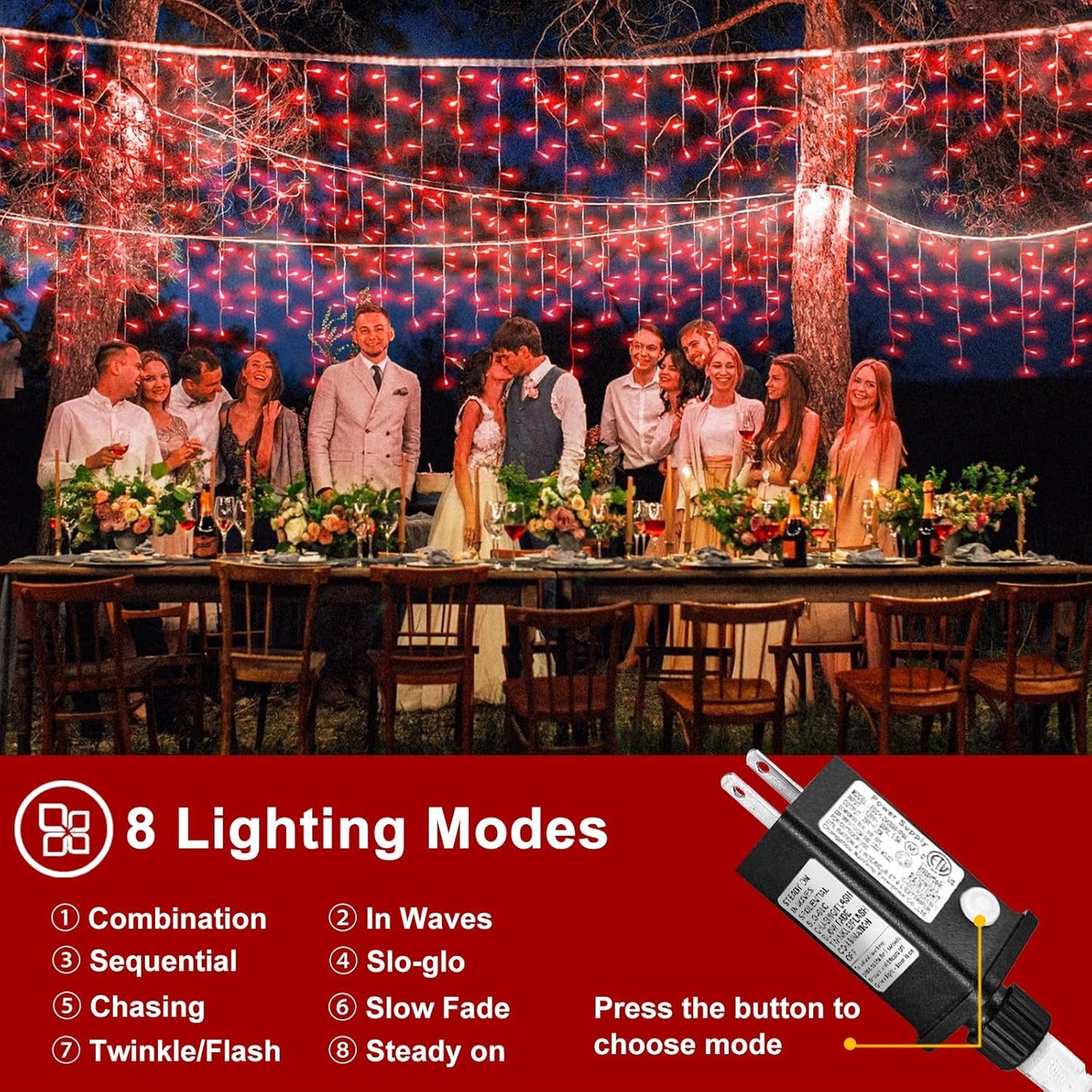 Red Christmas Lights Outdoor, 33ft 400 LED Icicle Lights for Outside Clear Wire Connectable Twinkle Light with 8 Modes Timer Plug in Waterproof for Window Party Wedding Holiday Decorations