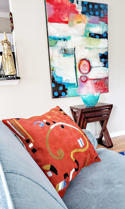 Kandinsky Modern Pillow Cover - Orange Ribbon | Mid Century Chair Cushions | Orange Abstract Pillows | Contemporary Pillowcase | Modern Couch Pillows | Hand Embroidered Cushion | Wool Size 18x18