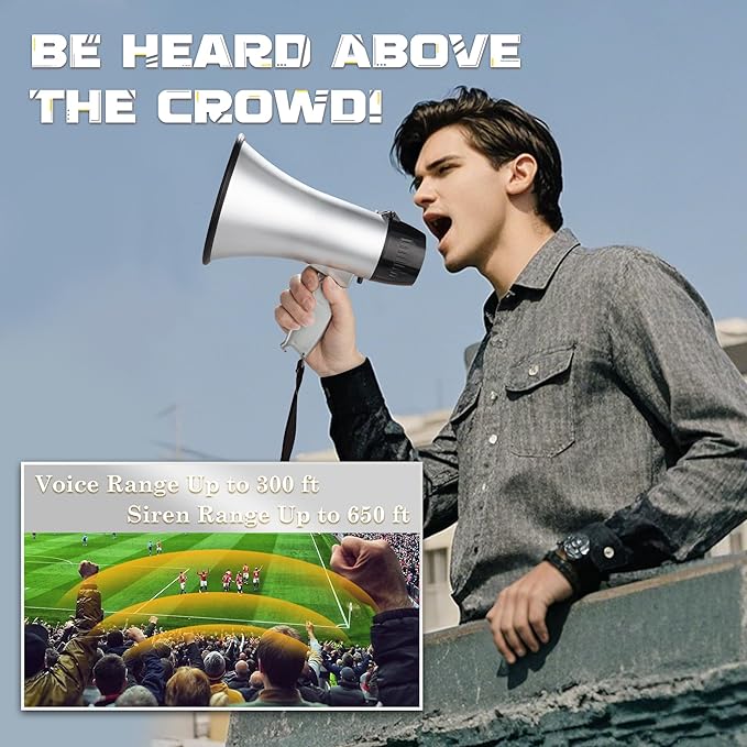 MyMealivos Portable Megaphone Bullhorn 20 Watt Power Megaphone Speaker Voice and Siren/Alarm Modes with Volume Control and Strap (Silver)…
