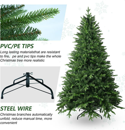6FT Artificial Christmas Tree with 1413 PE&PVC Mixed Branch Tips, Unlit Hinged Premium Spruce Fake Xmas Trees, Green, Foldable Base