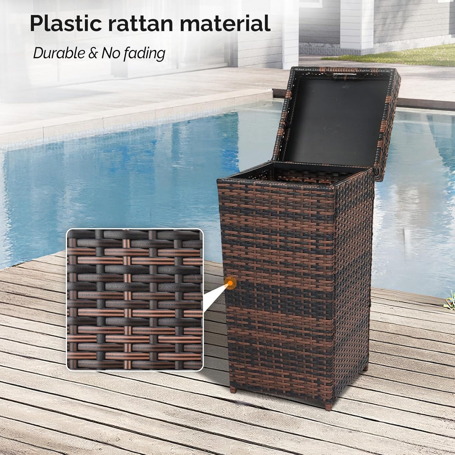 VINGLI Wicker Patio Trash Can, 27 Gallon Rattan Trash Can with Removable Lid, Outdoor Wicker Waste Basket, Wast Container (Brown)