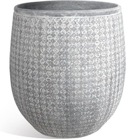 Worth Garden 12" Dia x 15" H Grey Round Planter – Lightweight Magnesium Oxide Cement Plant Pot with Texture – Raised Pattern Concrete Look – Drainage Hole – Indoor & Outdoor Use