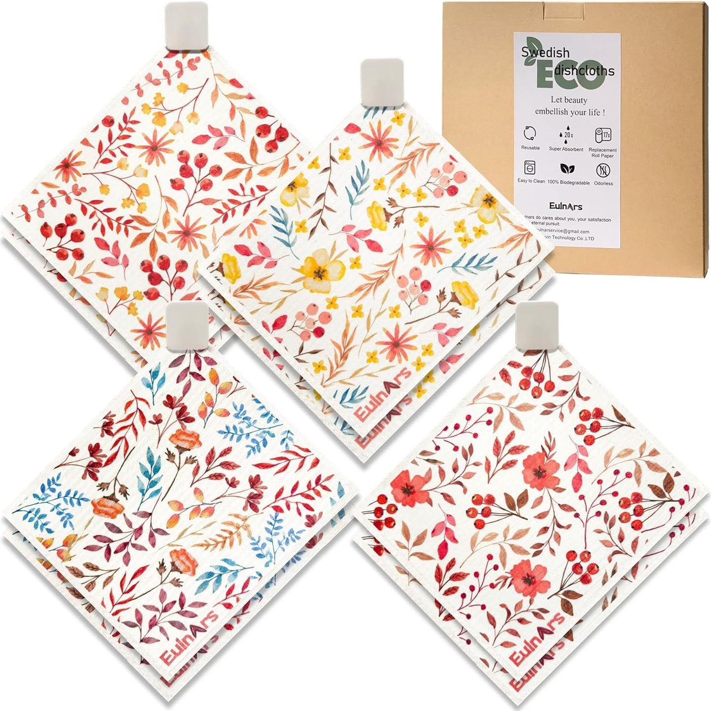 Swedish Dishcloths for Kitchen, 8 Pack Watercolor Reusable Paper Towels with Clips, Non-Scratch Swedish Kitchen Towels, Super Absorbent Cellulose Sponge Cloths, Dishwasher Safe, No Odor