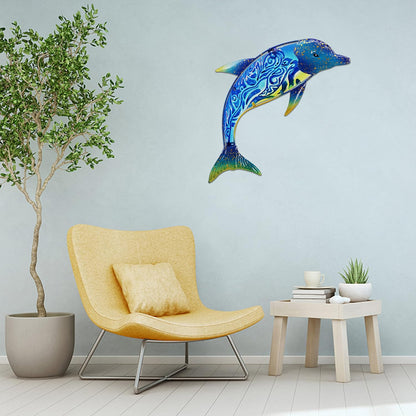 John's Studio Dolphin Wall Decor Outdoor Metal FIsh Sea Hanging Art Glass Sculptures Home Ocean Theme Decorations for Living Room, Bedroom, Yard, Fence and Patio - 17.5 Inches